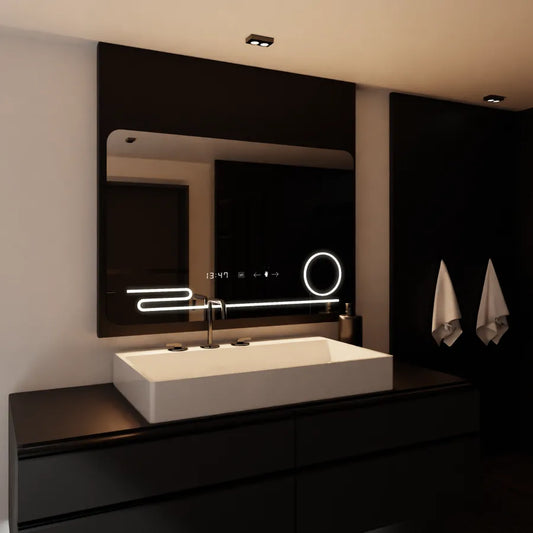 Rectangular LED Mirror, 100x60cm, Harmonie MotionGlow Marcello, De-fogging System, Clock & Thermometer, Cosmetic Magnifier, Dimable Marcello Mirrors Default Title Alessandro Design