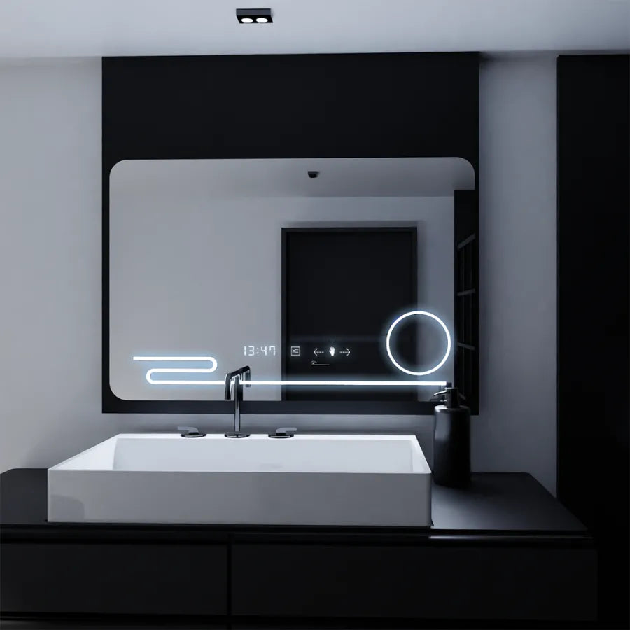 Rectangular LED Mirror, 100x60cm, Harmonie MotionGlow Marcello, De-fogging System, Clock & Thermometer, Cosmetic Magnifier, Dimable Marcello Mirrors Default Title Alessandro Design
