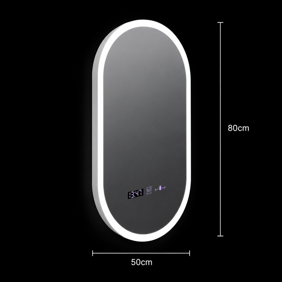 Oval LED mirror, 50x80cm, Lucia Sensor Marcello, Warm/Neutral/Cold Light, Demister System, Clock & Thermometer, Dimmable