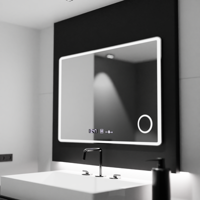 Rectangular LED mirror 120x80 Aura Riflesso Puro MotionGlow Marcello, Demister System, Thermometer and Clock, Dimmable