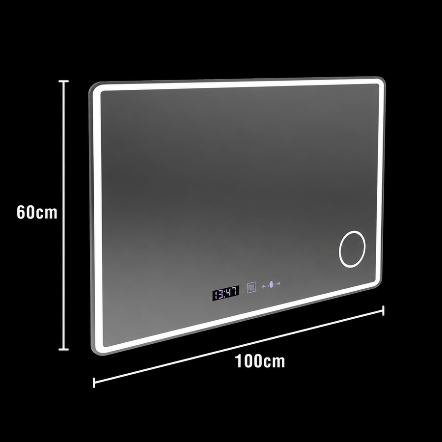 Rectangular LED mirror 120x80 Aura Riflesso Puro MotionGlow Marcello, Demister System, Thermometer and Clock, Dimmable