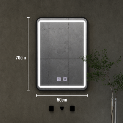 Rectangular LED mirror, 50x70cm, EDGE Touch, Demister System, Black Frame