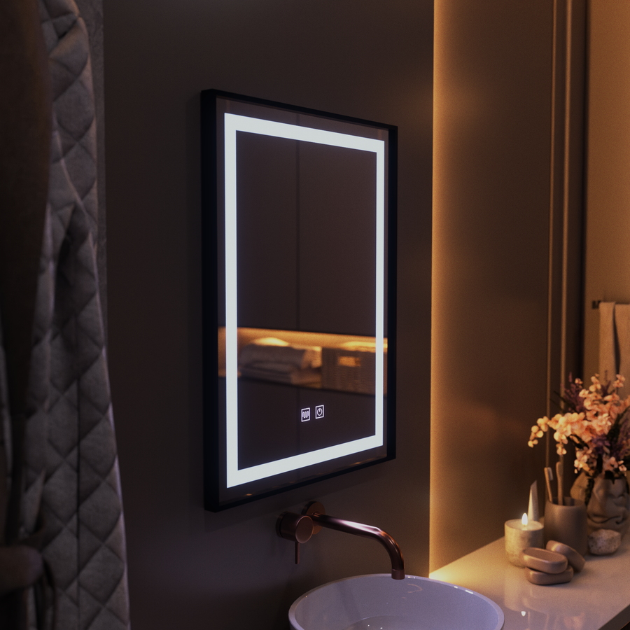 Rectangular LED mirror, 60x80cm, EDGE Touch, Demister System, Black Frame