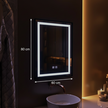 Rectangular LED mirror, 60x80cm, EDGE Touch, Demister System, Black Frame