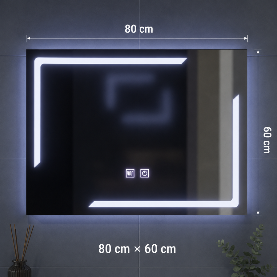 Rectangular LED mirror, 80x60cm, ECLISSA Touch, Demister System, Dimmable