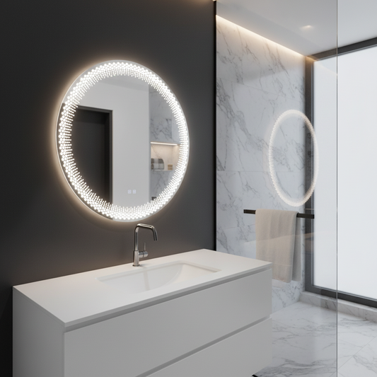 Oglinda LED Rotunda Nexos, 60cm, 24W, Lumina Calda/ Rece/ Neutra, Senzor, Sistem Dezaburire, Ceas, Dimabila