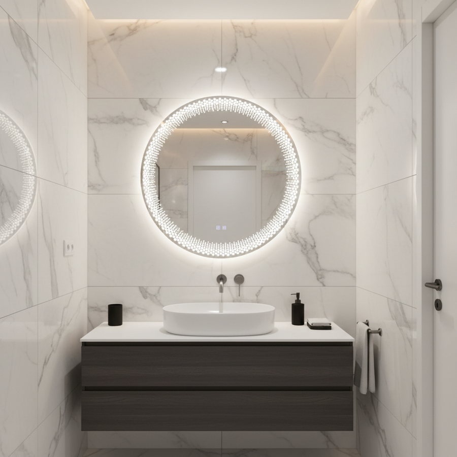 Oglinda LED Rotunda Nexos, 60cm, 24W, Lumina Calda/ Rece/ Neutra, Senzor, Sistem Dezaburire, Ceas, Dimabila