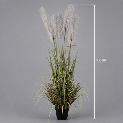 Planta Artificială Iarbă Ornamentală, 180cm, cu 5 fire, Stuf si Iarba, Verde si Gri, Fara Ghiveci