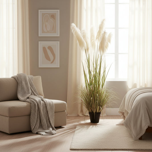 Planta Artificială Iarbă Ornamentală, 180cm, cu 5 fire, Stuf si Iarba, Verde si Roz, Fara Ghiveci