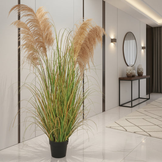 Planta Artificială Iarbă Ornamentală, 170cm, cu 7 fire, Stuf si Iarba, Verde Tomnal, Fara Ghiveci