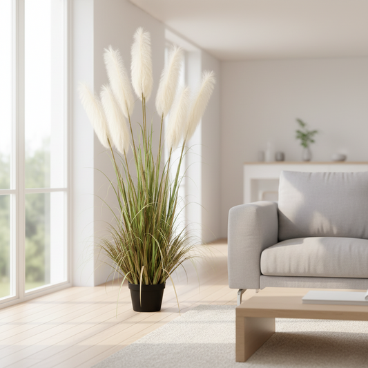 Planta Artificială Iarbă Ornamentală, 220cm, cu 7 fire, Stuf si Iarba, Verde si Alb, Fara Ghiveci