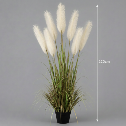 Planta Artificială Iarbă Ornamentală, 220cm, cu 7 fire, Stuf si Iarba, Verde si Alb, Fara Ghiveci
