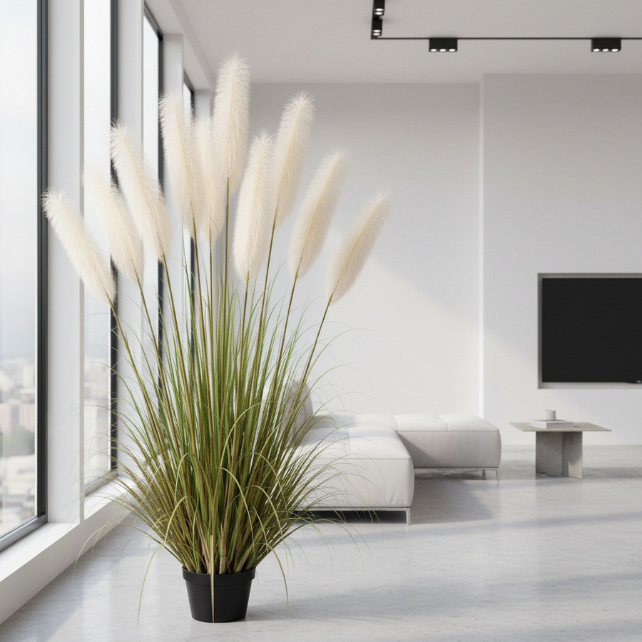 Planta Artificială Iarbă Ornamentală, 240cm, cu 9 fire, Stuf si Iarba, Verde si Roz, Fara Ghiveci
