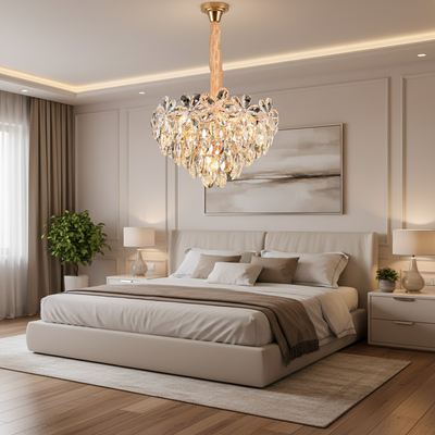 Candelabru Cristal, Eleganza 7xE27, Diametru 40cm, Auriu Lucios, Inaltime Reglabila, Metal si Cristal