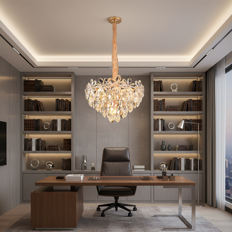 Candelabru Cristal, Eleganza 7xE27, Diametru 40cm, Auriu Lucios, Inaltime Reglabila, Metal si Cristal