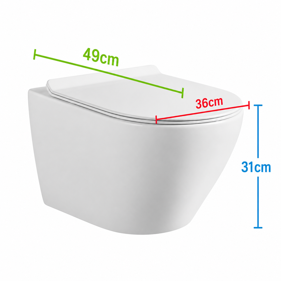 Toaletă Suspendată Fără Ramă NUNAVUT, Evacuare Orizontală (P-Trap) 18 cm, 49x36x31cm,Alb