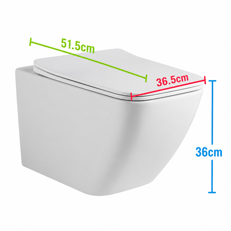 Toaletă Suspendată Fără Ramă NUNAVUT, Evacuare Orizontală (P-Trap) 18 cm, 51.5x36.5x36cm,Alb