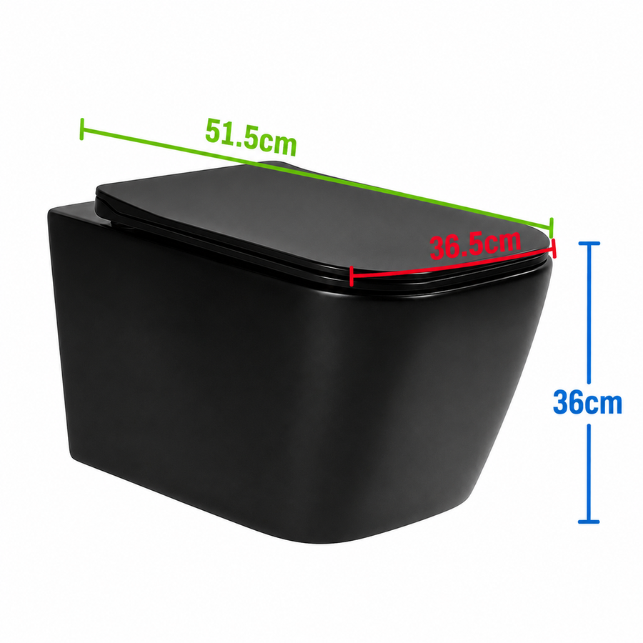 Toaletă Suspendată Fără Ramă NUNAVUT, Evacuare Orizontală (P-Trap) 18 cm, 51.5x36.5x36cm,Negru