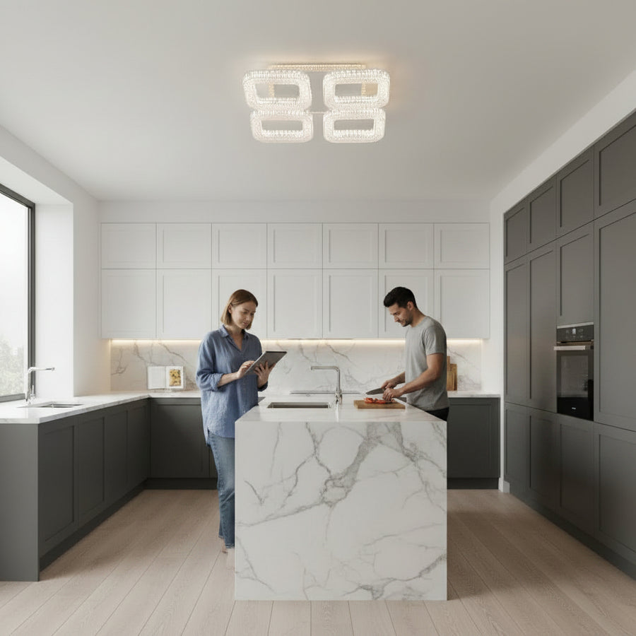 Lustra LED RENATO Nobile cu telecomanda si cristal,  54W, 4 Patrate, Lumina Rece/Calda/Neutra, Dimabila, Alb
