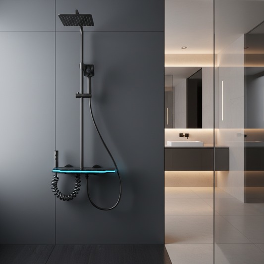 Coloana de dus MARX II, Metal, Para Patrata, Efect Ploaie, 3 Functii, Montare Pe Perete, Negru, Accesorii Incluse