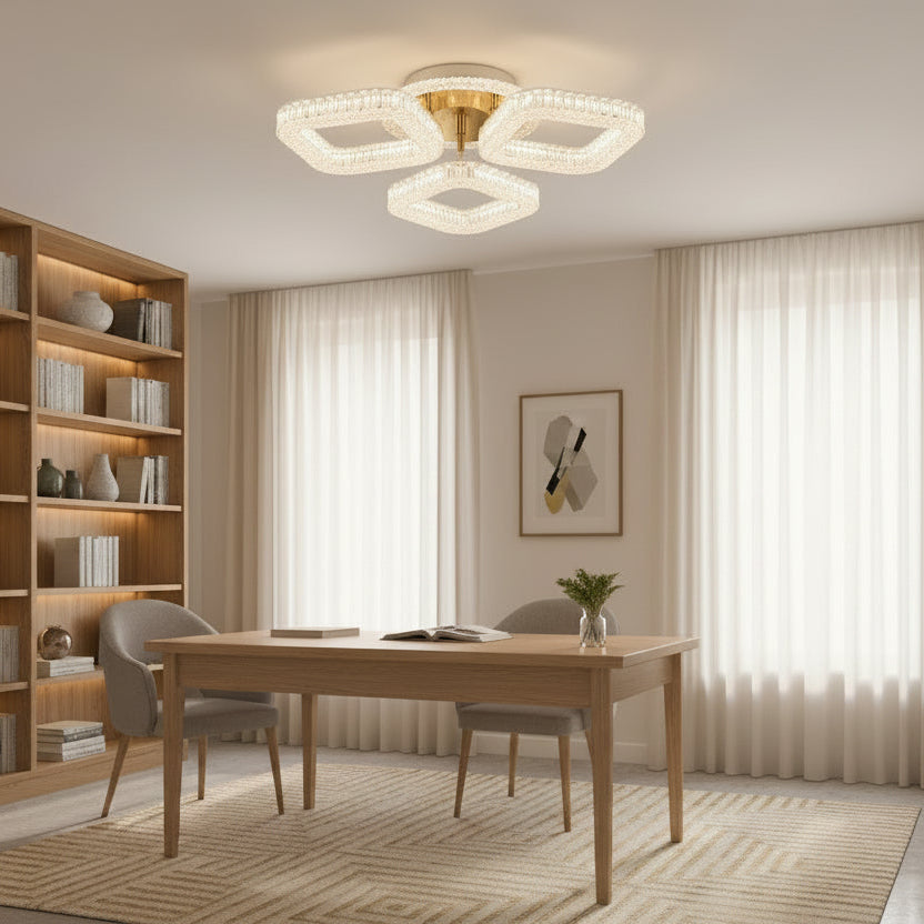 Lustra LED RENATO Nobile cu telecomanda si cristal,  39W, 3 Patrate, Lumina Rece/Calda/Neutra, Dimabila, Auriu