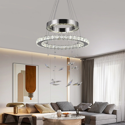 Suspended LED chandelier with remote control and crystal 36W, 2 Circles, Cold/Warm/Neutral light, Dimmable, Shiny Chrome, Adjustable Height