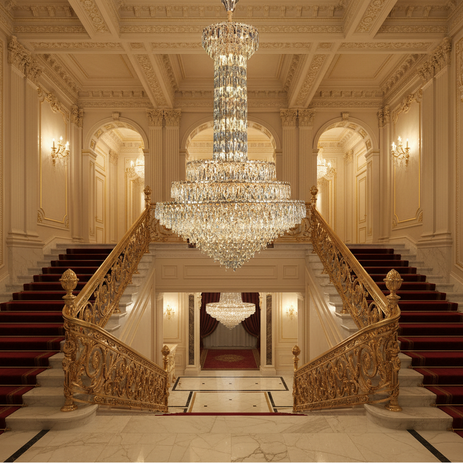 Candelabru Cristal GRAND 87xE14, D138 cm, Auriu, Inaltime Reglabila, Metal si Cristal Candelabre Cristal Default Title Alessandro Design