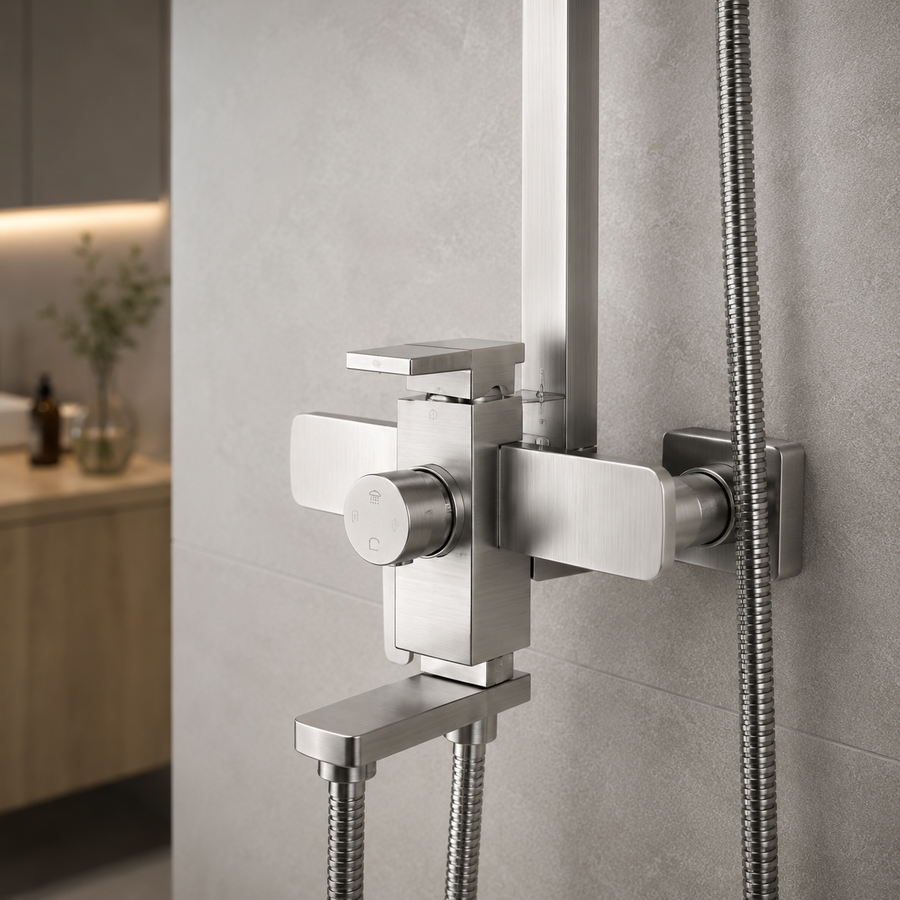 SET Shower column with faucet, Stainless steel, square para, rain effect, 3 functions, wall mounting, Satin, Accessories Included, LY005 Faucets & Shower Columns Default Title Alessandro Design