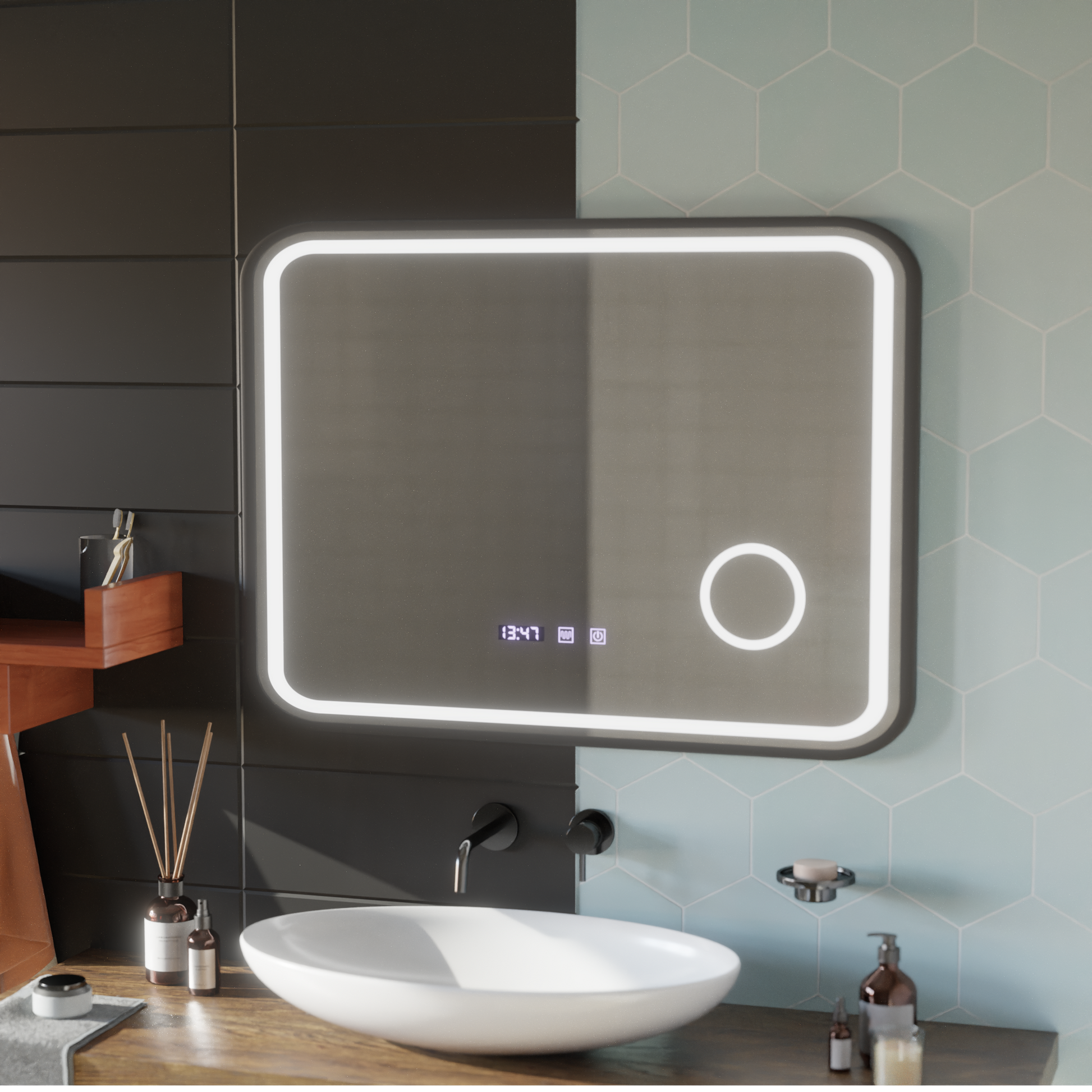 LED Touch Bernd Mirror De-fogging System, Clock and Temperature 80x60 cm Black Frame Brushed Cosmetic Magnifier Mirrors Korman S Default Title Alessandro Design