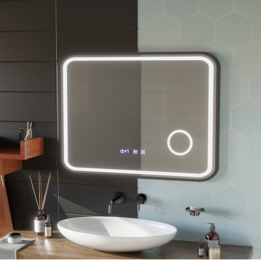 LED Touch Bernd Mirror De-fogging System, Clock and Temperature 80x60 cm Black Frame Brushed Cosmetic Magnifier Mirrors Korman S Default Title Alessandro Design