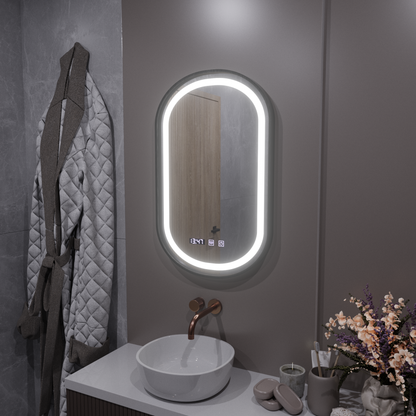 Helmut LED Touch Mirror De-fogging System, Clock and Temperature 50x80 cm Black Frame Brushed Marcello Funghi
