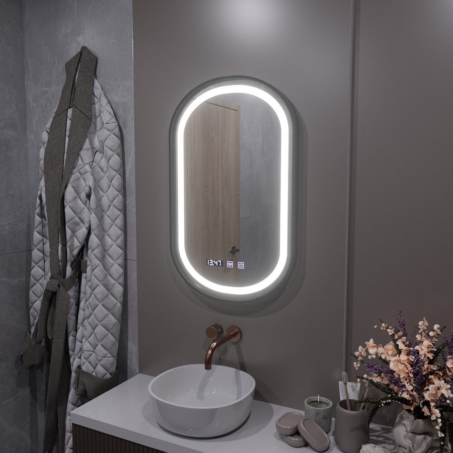 Helmut LED Touch Mirror De-fogging System, Clock and Temperature 50x80 cm Black Frame Brushed Marcello Funghi