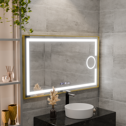 Oglinda LED Rectangulara, 120x80cm, Eclat MotionGlow Marcello, Sistem Dezaburire, Ceas & Termometru, Lupa Cosmetica, Dimabila, Rama Auriu Brushed Oglinzi Marcello Default Title Alessandro Design