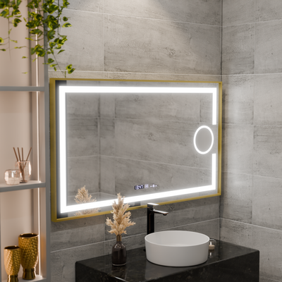 Rectangular LED mirror, 110x65cm, Eclat MotionGlow Marcello, Demister System, Clock & Thermometer, Cosmetic Magnifier, Dimable, Brushed Gold Frame