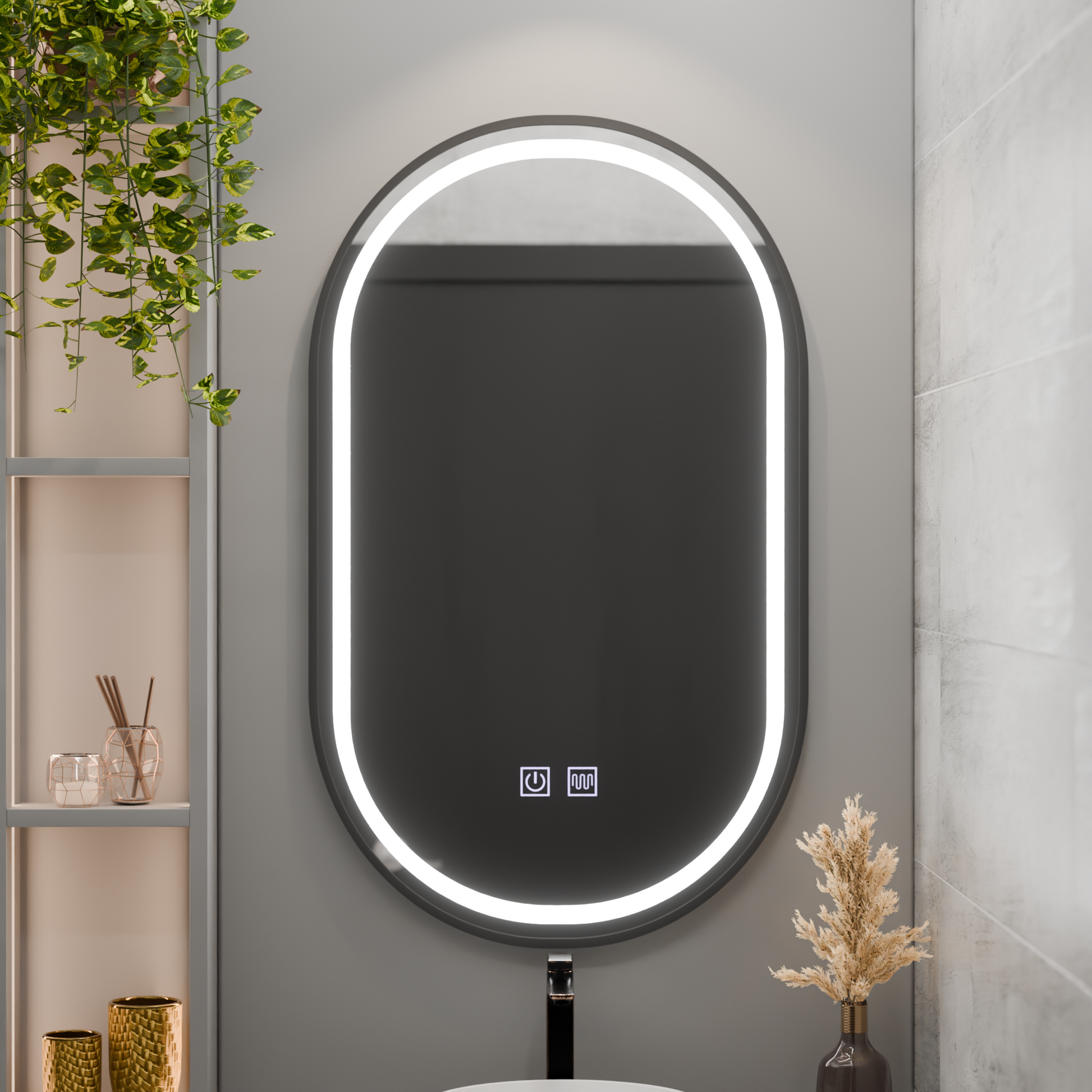 Oval LED Mirror 50x100cm VETRO Touch Dimable Demister System, Black Frame Korman Mirrors E Default Title Alessandro Design