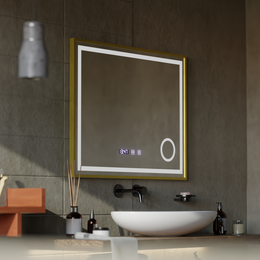 LED Touch CLARUS Mirror De-fogging System, Clock and Temperature 80x60 cm Gold Frame Brushed Cosmetic Magnifier Mirrors Korman S Default Title Alessandro Design
