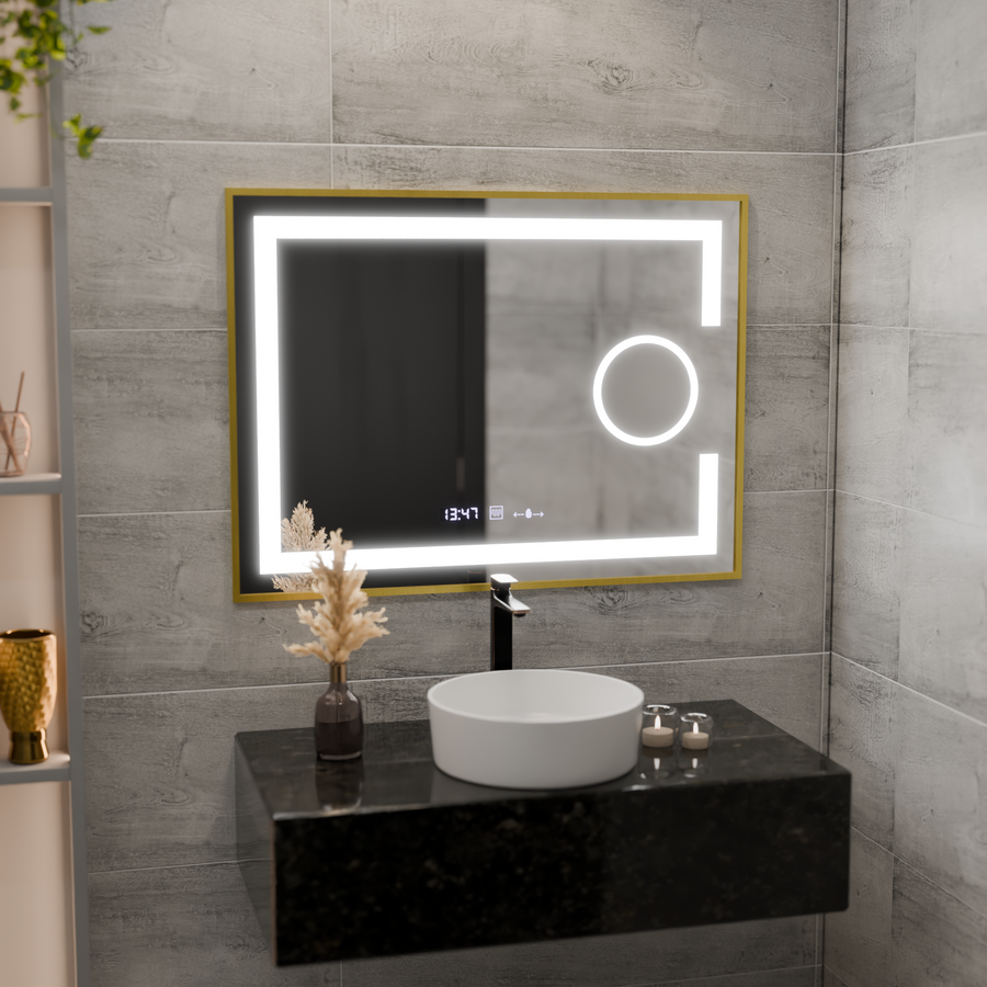 Oglinda LED Rectangulara, 80x60cm, Eclat MotionGlow Marcello, Sistem Dezaburire, Ceas & Termometru, Lupa Cosmetica, Dimabila, Rama Auriu Brushed Oglinzi Marcello Default Title Alessandro Design
