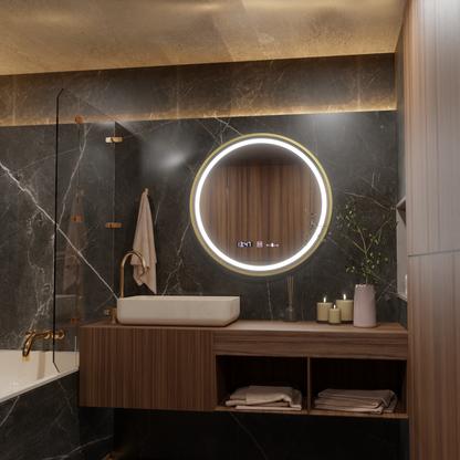 LED mirror MotionGlow sensor Faratya De-fogging system Thermometer and clock Round brushed gold frame Diameter 100 cm Cold/Warm/Neutral light Dimmable Marcello Funghi Collection Marcello mirrors Default Title Alessandro Design