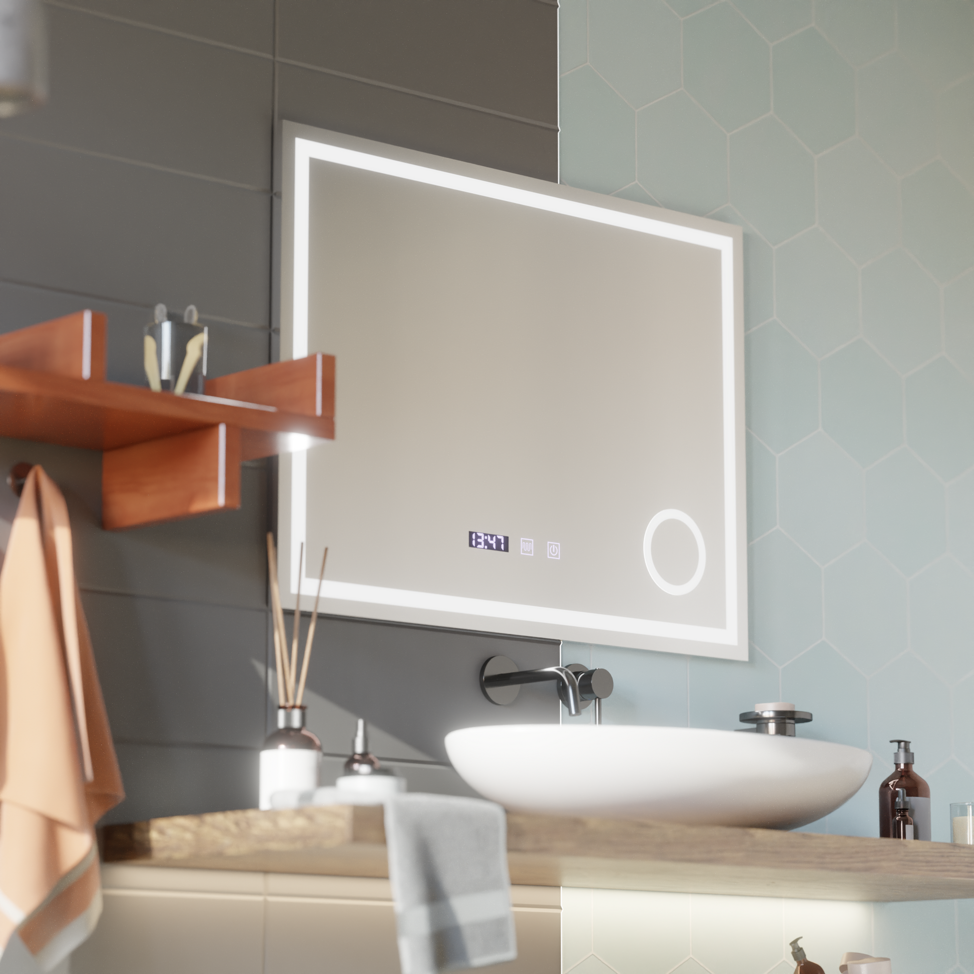LED Touch Mirror NIVERA De-fogging System, Clock and Temperature 80x60 cm Cosmetic Magnifier Mirrors Korman S Default Title Alessandro Design
