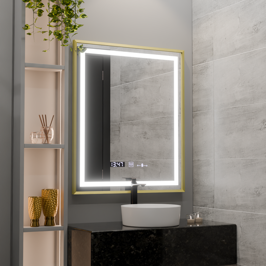 Rectangular LED Mirror, 75x90cm, Verite Royale Gold MotionGlow Marcello, De-fogging System, Clock & Thermometer, Dimable Mirrors Marcello Default Title Alessandro Design