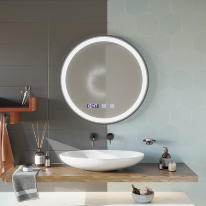 LED Touch Mirror NOVARA Demister System, Clock and Temperature 70 cm Black Frame Brushed Korman Mirrors S Default Title Alessandro Design
