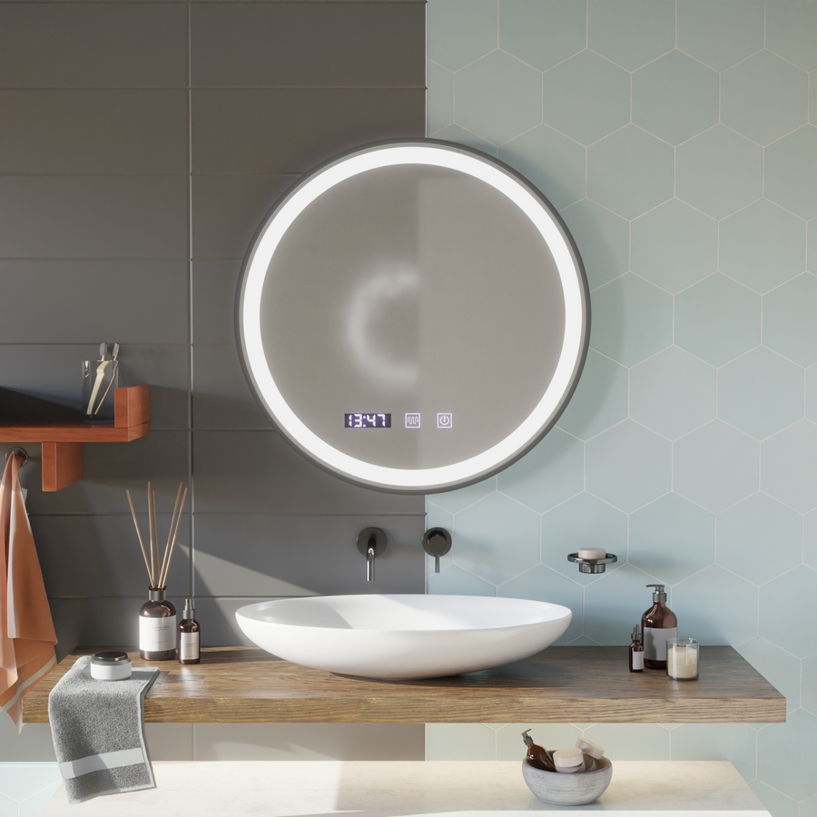 LED Touch Mirror NOVARA Demister System, Clock and Temperature 70 cm Black Frame Brushed Korman Mirrors S Default Title Alessandro Design