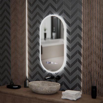 Oval LED Mirror, 50x100cm, Lucia Sensor Marcello, Demister System, Clock & Thermometer, Dimmable