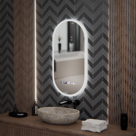 Oval LED Mirror, 50x100cm, Lucia Sensor Marcello, Demister System, Clock & Thermometer, Dimmable