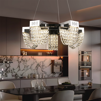 LED Crystal Chandelier 15W, CC370/500CH, Diameter 50cm, Shiny Chrome, Warm Neutral Cold Light 3000K/4000K/6000K Adjustable Height, Metal and Crystal