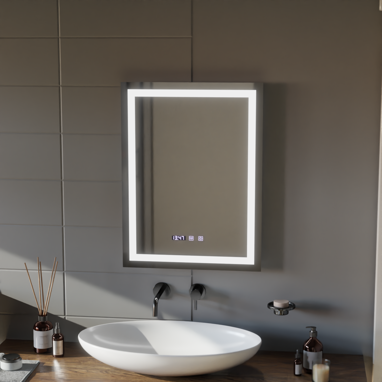 MODENA LED Touch Mirror De-fogging System, Clock and Temperature 60x80 cm Korman S Mirrors Default Title Alessandro Design