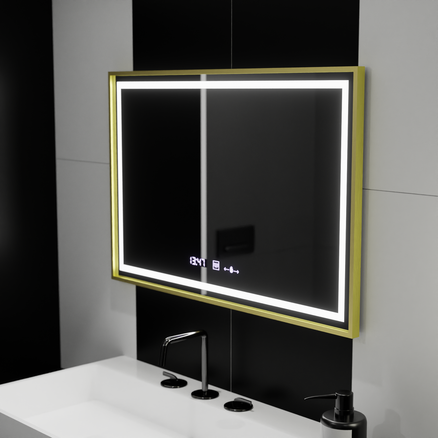 Rectangular LED Mirror, 100x65cm, Verite Royale Gold Motion Glow Marcello, Demisting System, Clock & Thermometer, Dimable Mirrors Marcello Default Title Alessandro Design