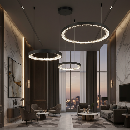 Suspended LED chandelier with remote control, K9 Crystals, 80W, 3 Circles, Cold/Warm/Neutral light, Dimmable, Black, Height Adjustable