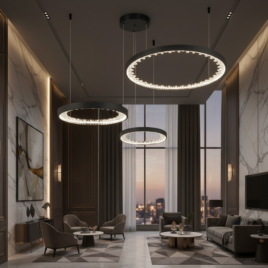 Suspended LED chandelier with remote control, K9 Crystals, 80W, 3 Circles, Cold/Warm/Neutral light, Dimmable, Black, Height Adjustable