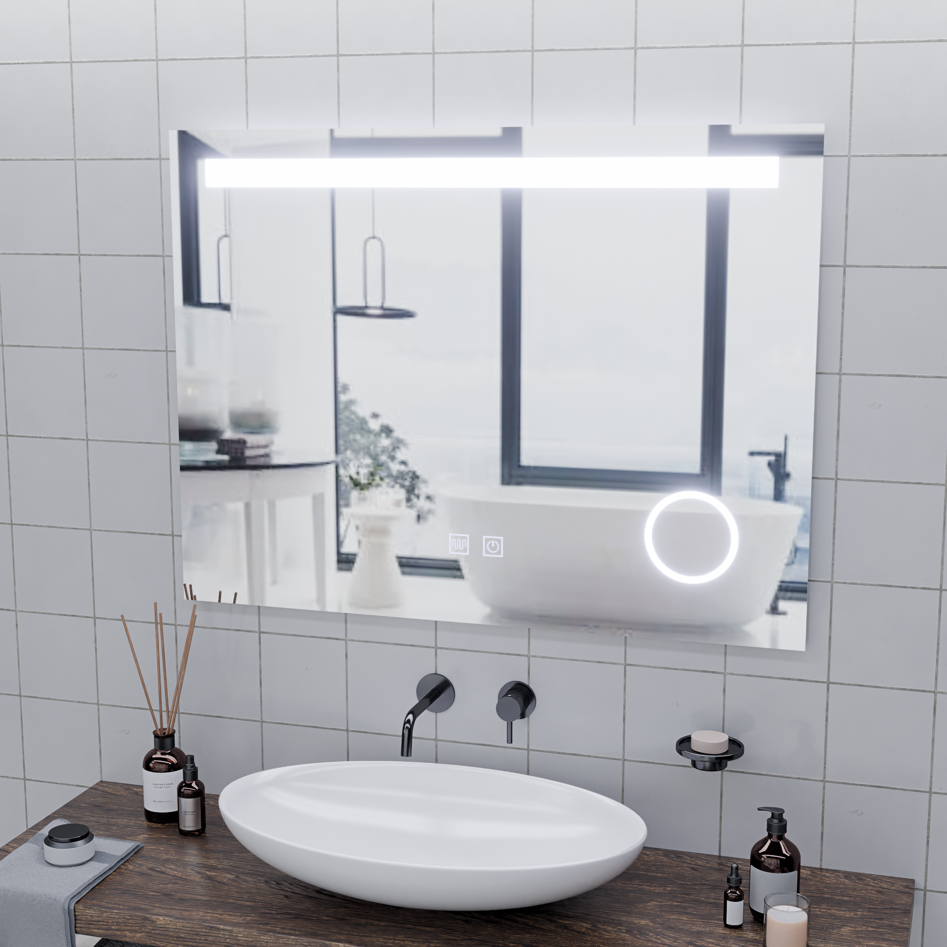 Rectangular LED Mirror, 80x60cm, Piano Touch, Demister System, Dimmable, Cold Light 6000K Mirrors Korman E Default Title Alessandro Design